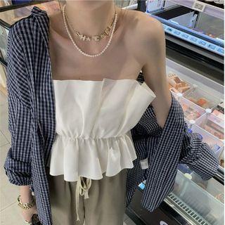 Plaid Shirt / Strapless Top / Cut-out Wide Leg Pants