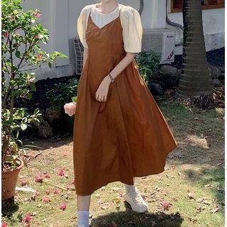 Short-sleeve Plain Top / V-neck Plain Strappy Midi Dress