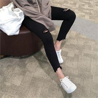 Band-waist Slit-knee Skinny Pants