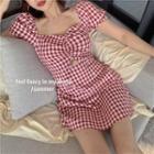 Short-sleeve Drawstring Gingham A-line Dress As Shown In Figure - One Size