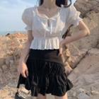 Balloon-sleeve Shirred Blouse / A-line Skirt