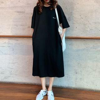 Elbow-sleeve Plain Midi A-line T-shirt Dress
