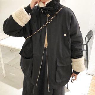 Stand Collar Padded Zip Jacket / Floral A-line Skirt
