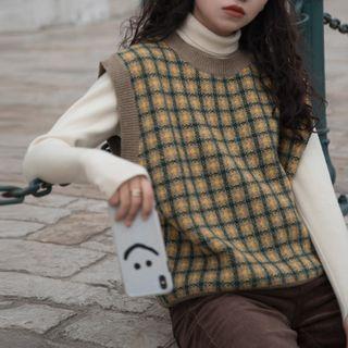 Plaid Knit Vest Yellow - One Size