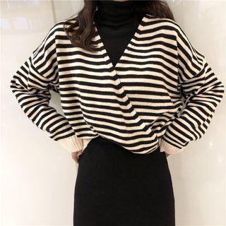 Striped V-neck Sweater / Long-sleeve Turtleneck Top / Slit Midi Skirt