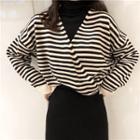 Striped V-neck Sweater / Long-sleeve Turtleneck Top / Slit Midi Skirt