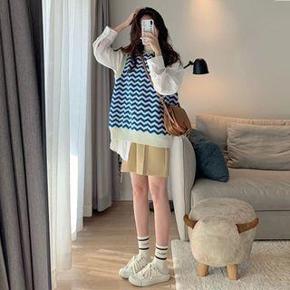 Plain Shirt / Patterned Sweater Vest / Two-tone Straight Leg Cropped Jeans / Set