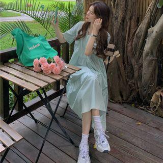 Short-sleeve Drawstring Midi A-line Dress Green - One Size