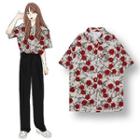 Flower Print Elbow-sleeve Shirt Flower - Rose Red - One Size