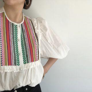 Puff-sleeve Striped Lace Trim Blouse As Shown In Figure - One Size