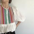 Puff-sleeve Striped Lace Trim Blouse As Shown In Figure - One Size