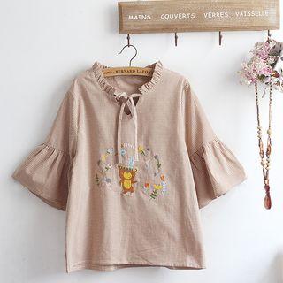 3/4-sleeve Frill Trim Embroidered Checker Top