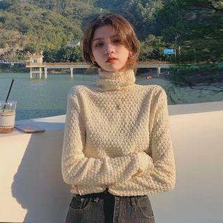 Long-sleeve Turtleneck Lace Top Off-white - One Size