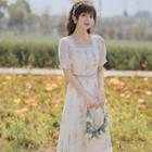Short-sleeve Square-neck Lace Trim Floral Midi Dress