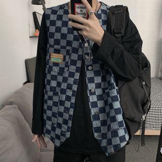 Checker Print Denim Button-up Vest