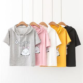 Short-sleeve Hooded Rabbit Print T-shirt