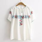 Tasseled Flower Embroidered Short Sleeve T-shirt