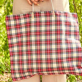 Metal-handle Tartan Plaid Shopper Bag