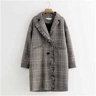 Frilled Trim Houndstooth Woolen Coat