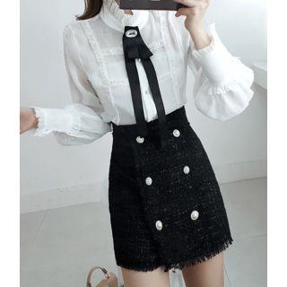 Set: Frilled-detail Rhinestone Blouse With Brooch + Tweed Skirt