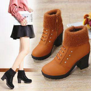 Faux Suede Knit Panel Block Heel Short Boots