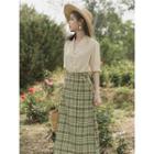 Set: Ruffled Short-sleeve Blouse + Plaid Midi A-line Skirt