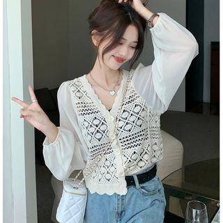 Long-sleeve Crochet Button-up Top Almond - One Size