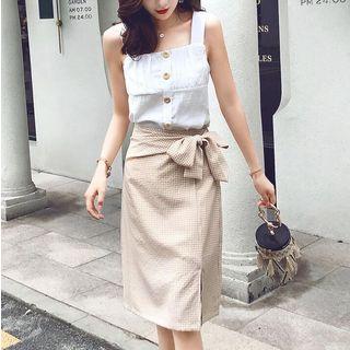 Set: Buttoned Sleeveless Top + Check H-line Skirt