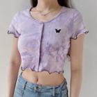 Butterfly Embroidered Tie-dye Print Short-sleeve Button Cropped T-shirt