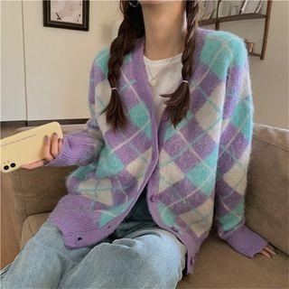 V-neck Argyle Cardigan Purple - One Size