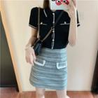 Short-sleeve Knitted Plain Collar Button-up Top/striped High-waist A-line Skirt