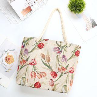 Tulip Embroidered Tote Bag Beige - L