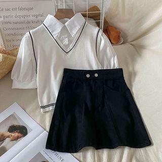 Mock Two-piece Short-sleeve Shirt / Denim Mini Skirt