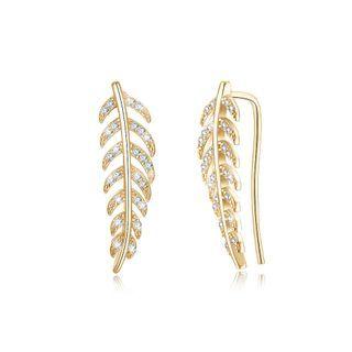925 Sterling Silver Champagne Gold Leaf Earrings In With Austrian Element Crystal Champagne - One Size