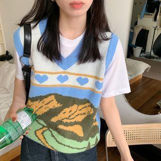 Print Sweater Vest Blue & White - One Size