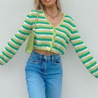 Long Sleeve V-neck Striped Crop Cardigan