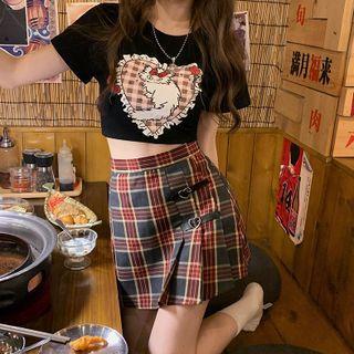 Short-sleeve Heart Print Cropped T-shirt / Plaid Mini Skirt