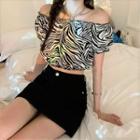 Short-sleeve Zebra Print T-shirt / Mini A-line Denim Skirt