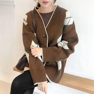 Wool Blend Argyle Boxy Cardigan