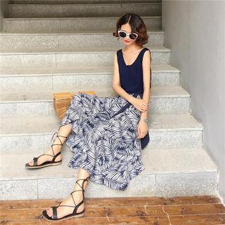 Set : Plain Tank Top + Print Wide Leg Pants