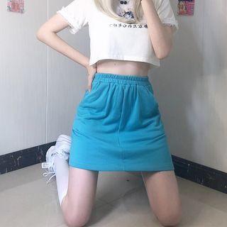 Elastic-waist Plain Mini Skirt
