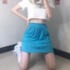 Elastic-waist Plain Mini Skirt