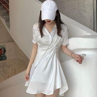 Short-sleeve Asymmetrical Ruched Mini Shirtdress