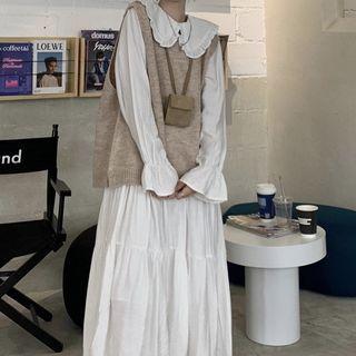 Sweater Vest / Long-sleeve Collared Midi Dress