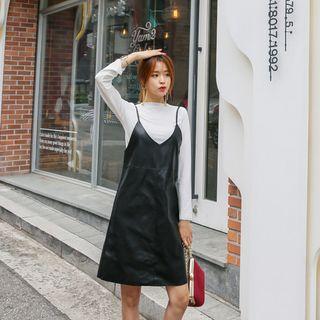 Set: Top + Spaghetti-strap Faux-leather Dress