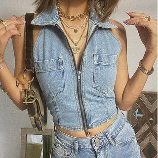 Collared Denim Crop Tank Top