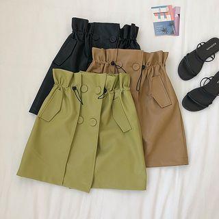Drawstring Waist Double-buttoned Mini Skirt