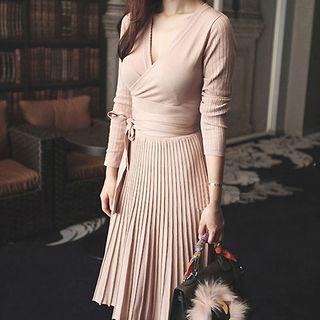 V-neck Tie-front Midi A-line Knit Dress
