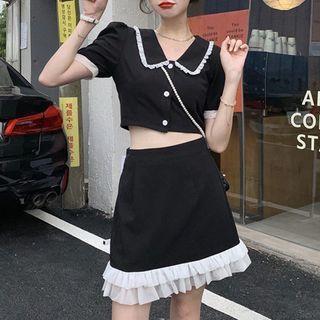 Short-sleeve Collared Mini A-line Dress / Cropped Blouse / Mini A-line Skirt