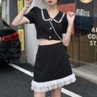 Short-sleeve Collared Mini A-line Dress / Cropped Blouse / Mini A-line Skirt